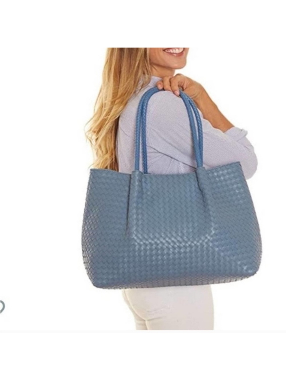 Lulu Dharma Napa Vegan Leather Large Woven Tote Bag Cornflower Blue NWT